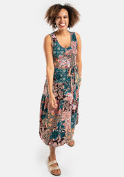 Vita Boho Patchwork Sleeveless Tiered Hem Cotton Midi Dress