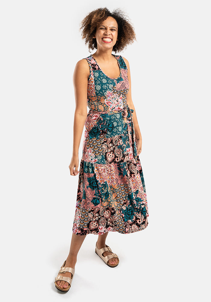 Vita Boho Patchwork Sleeveless Tiered Hem Cotton Midi Dress