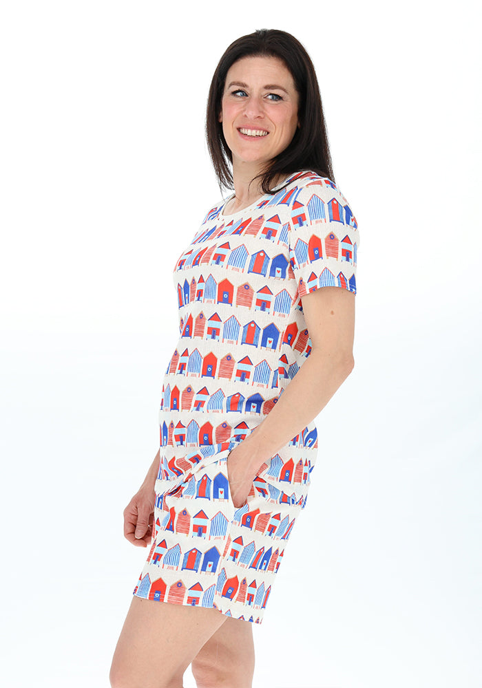 Fifth angle of Viv Beach Hut Print Short Pyjama Set, cheerful seaside beach hut patterned Pyjamas from Popsy Clothing.