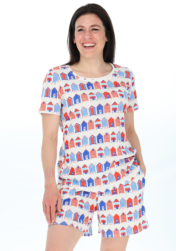 Third angle of Viv Beach Hut Print Short Pyjama Set, cheerful seaside beach hut patterned Pyjamas from Popsy Clothing.