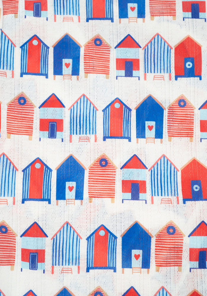 Second angle of Viv Beach Hut Print Short Pyjama Set, cheerful seaside beach hut patterned Pyjamas from Popsy Clothing.