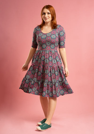 Vivan Crochet Flower Print Tiered Hem Dress