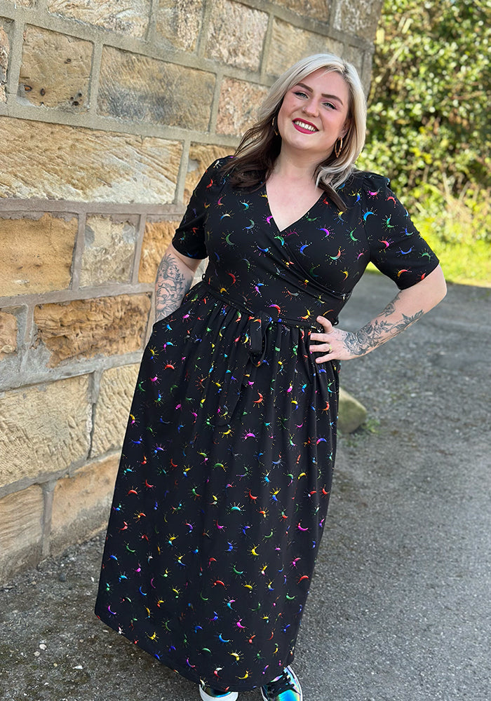 Fourth angle of Viviana Rainbow Foil Moons Print Cotton Midaxi Dress