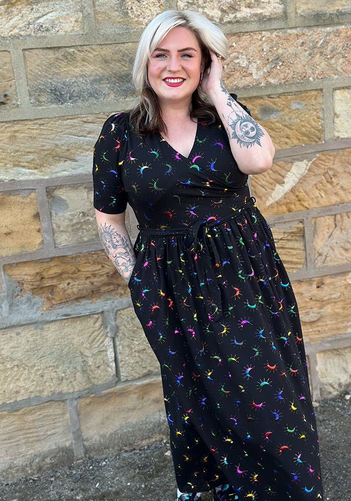 Sixth angle of Viviana Rainbow Foil Moons Print Cotton Midaxi Dress