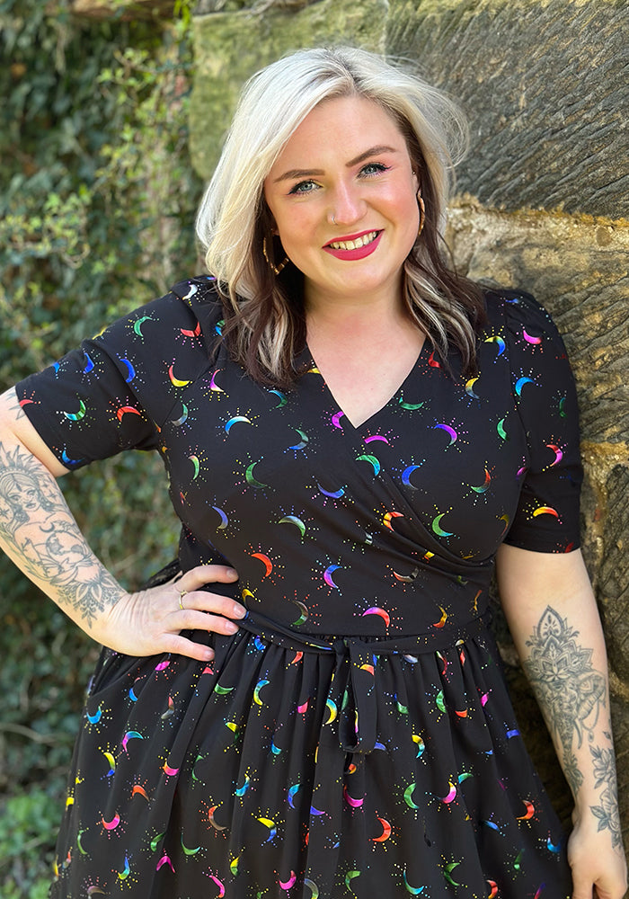 Tenth angle of Viviana Rainbow Foil Moons Print Cotton Midaxi Dress