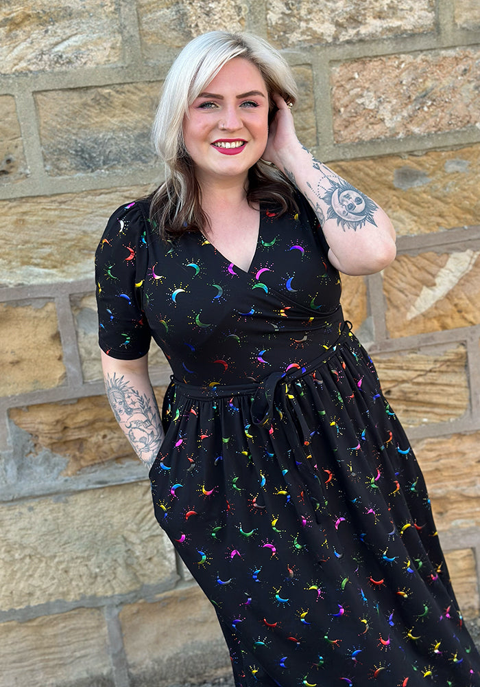 Eighth angle of Viviana Rainbow Foil Moons Print Cotton Midaxi Dress