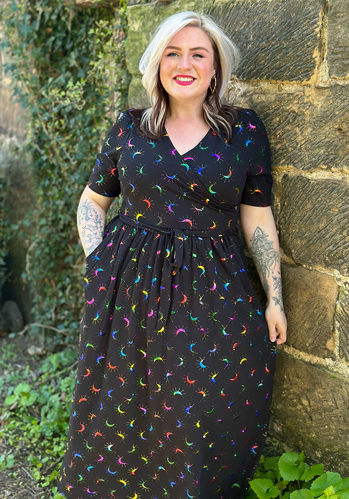 Front view of Viviana Rainbow Foil Moons Print Cotton Midaxi Dress