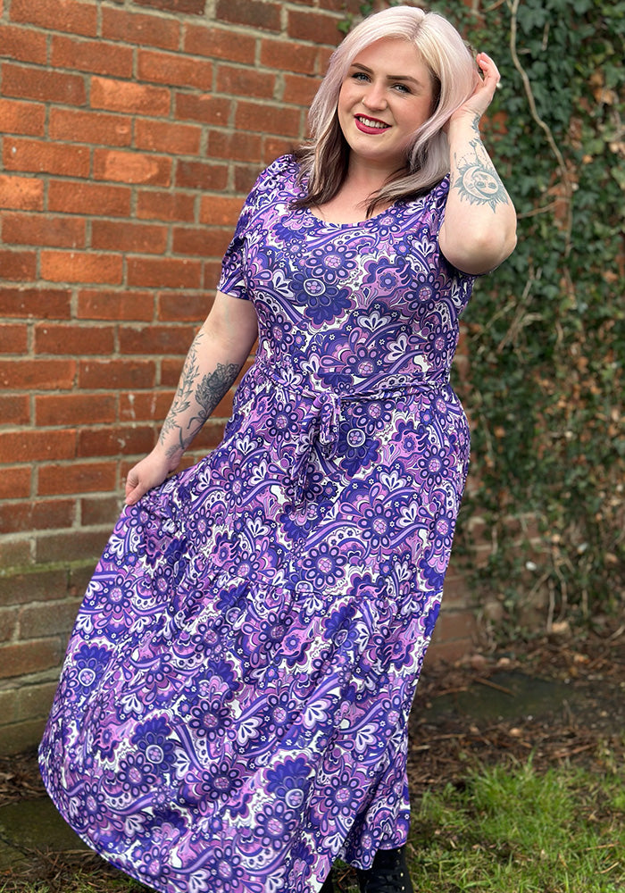 Fifth angle of Vivianne Purple Retro Paisley Print Jersey Midaxi Dress