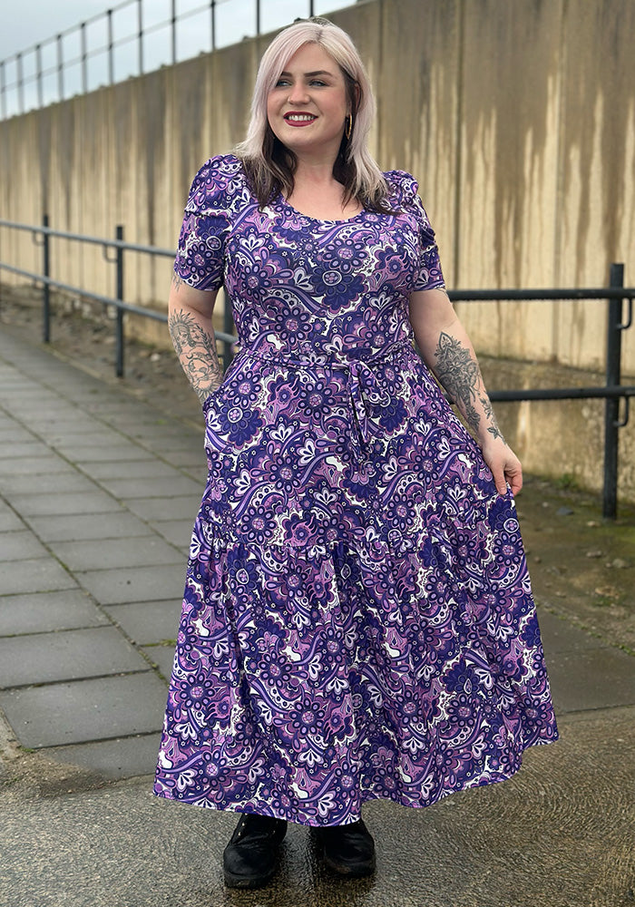 Front view of Vivianne Purple Retro Paisley Print Jersey Midaxi Dress