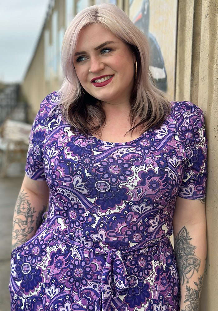 Fourth angle of Vivianne Purple Retro Paisley Print Jersey Midaxi Dress
