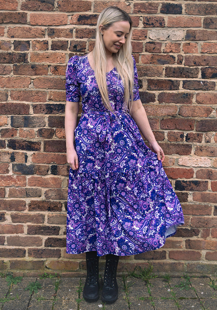 Third angle of Vivianne Purple Retro Paisley Print Jersey Midaxi Dress