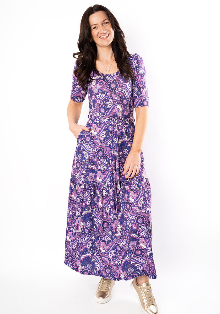 Eighth angle of Vivianne Purple Retro Paisley Print Jersey Midaxi Dress