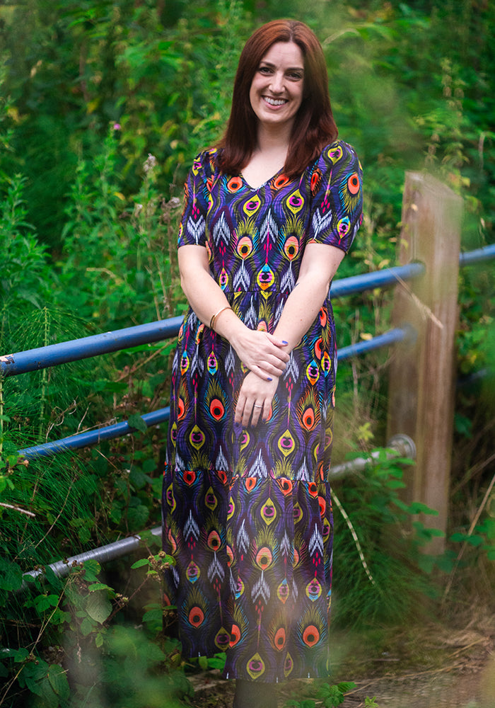 Nemali Peacock Feathers Print Cotton Midaxi Dress