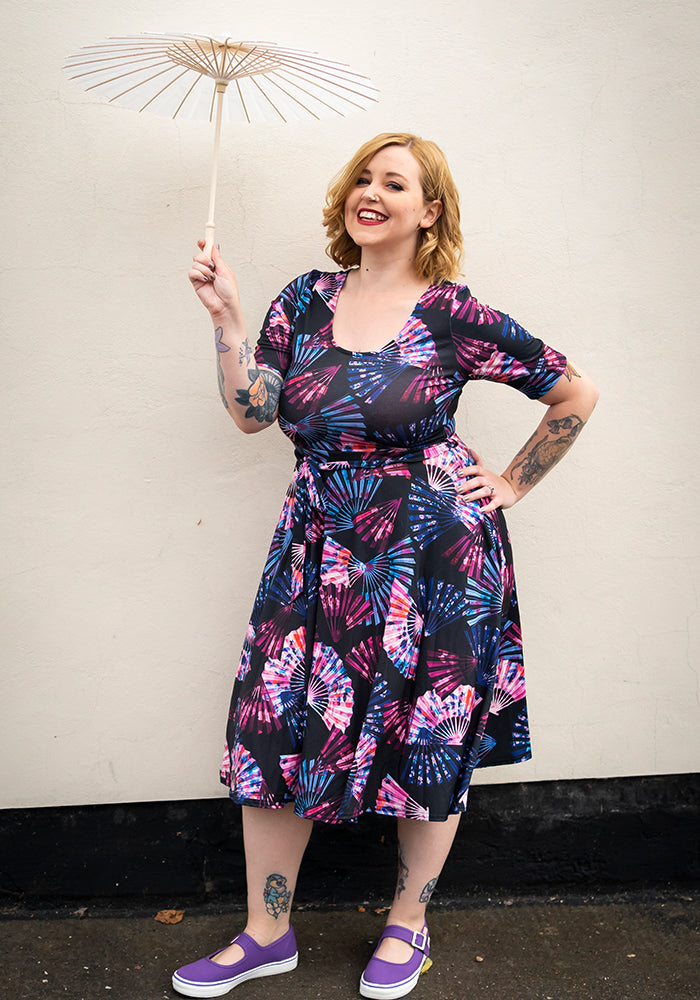 Jana Fan Print Vintage Swing Dress