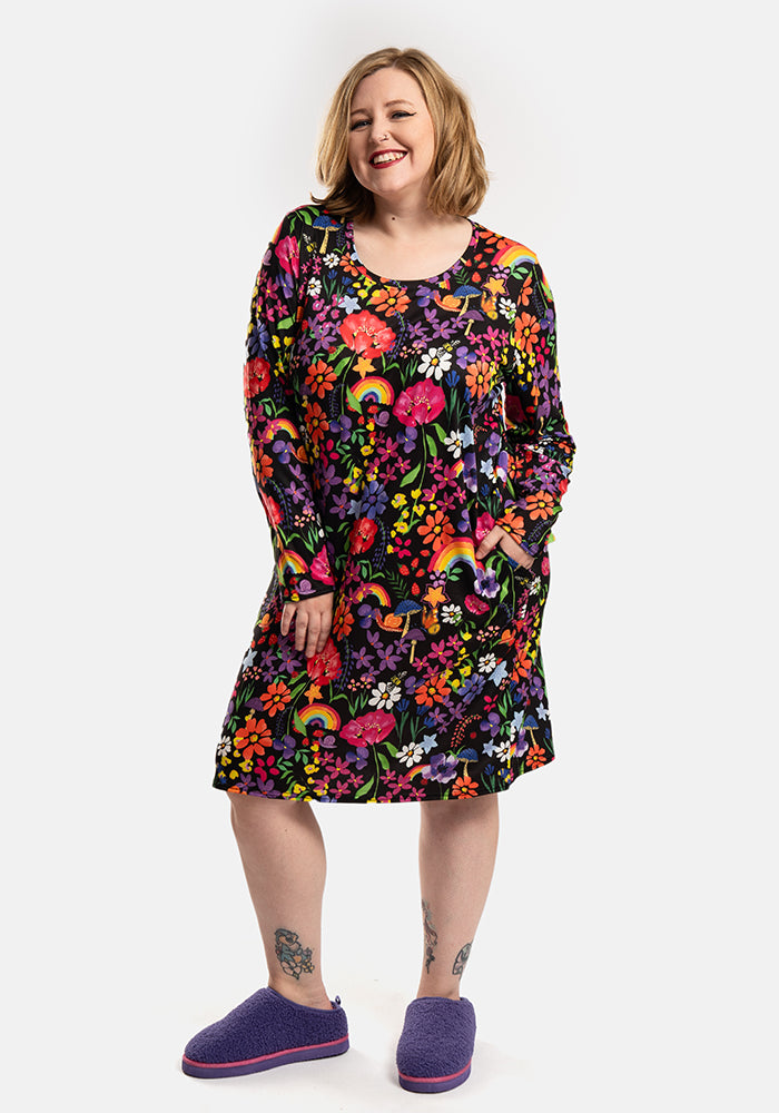 Front view of Mandy Rainbow Garden Print Nightshirt