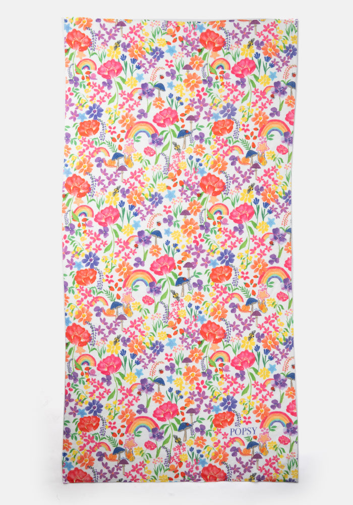 Front view of Large White Rainbow Floral Print Towel