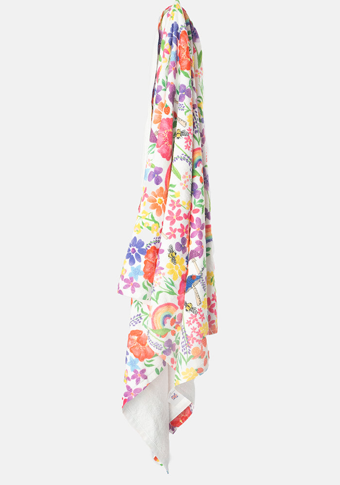 Third angle of Large White Rainbow Floral Print Towel