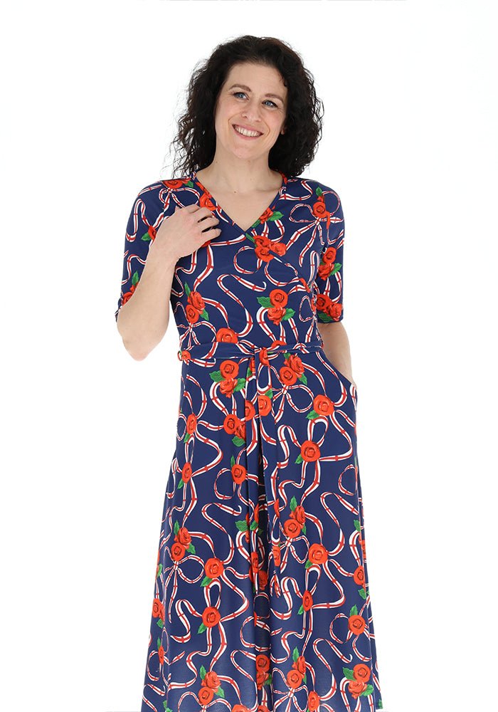 Seventh angle of Navy England Print Wrap Midi Jersey Dress