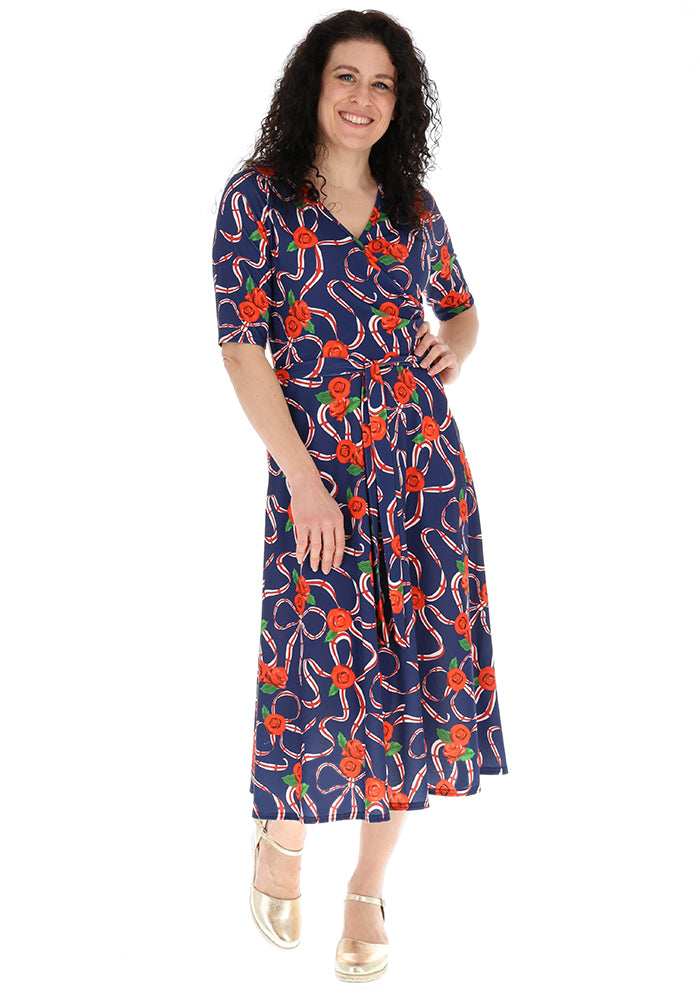 Sixth angle of Navy England Print Wrap Midi Jersey Dress