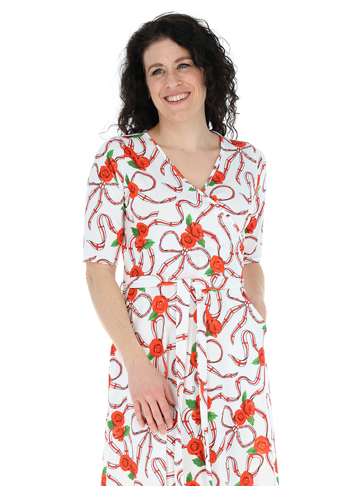 Sixth angle of White England Print Wrap Midi Jersey Dress, a white dress with an English inspired print.
