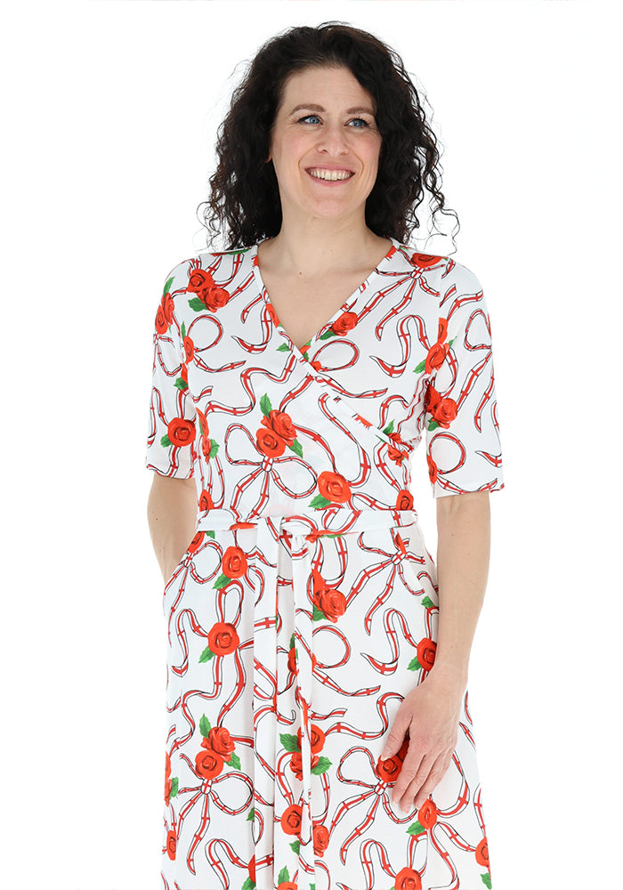 Fourth angle of White England Print Wrap Midi Jersey Dress, a white dress with an English inspired print.