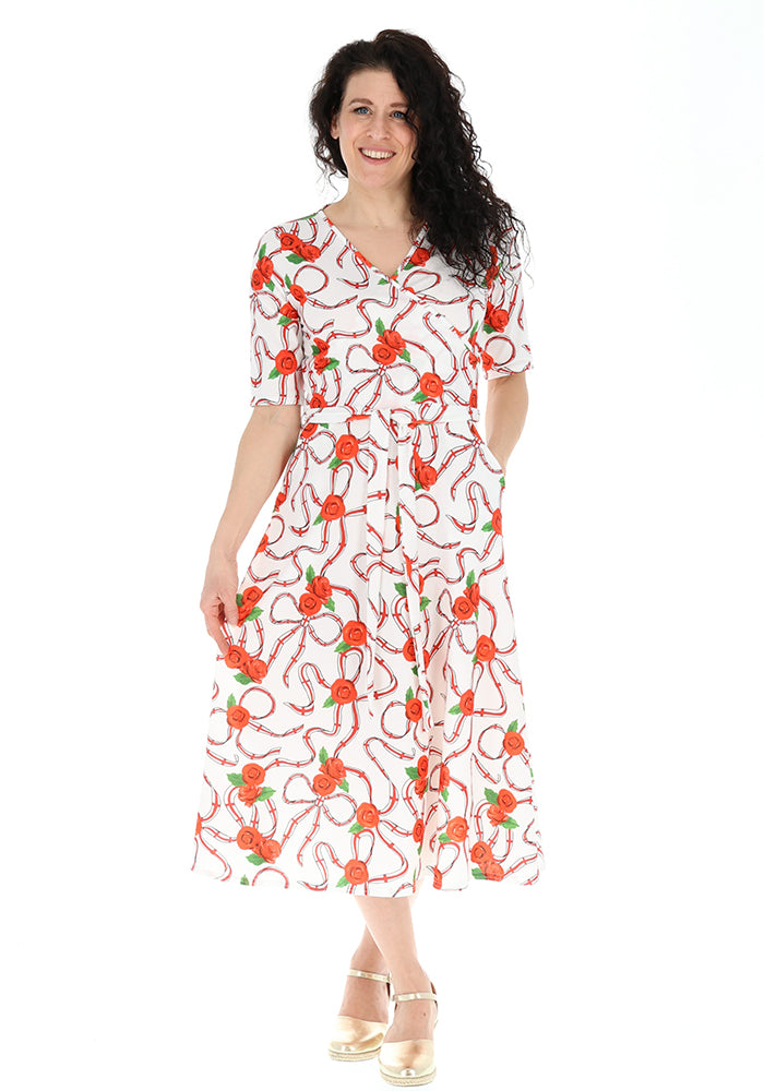 Third angle of White England Print Wrap Midi Jersey Dress, a white dress with an English inspired print.