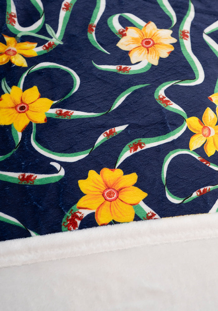Fourth angle of Wales Navy Print Plush Throw Blanket (Pop-Under)