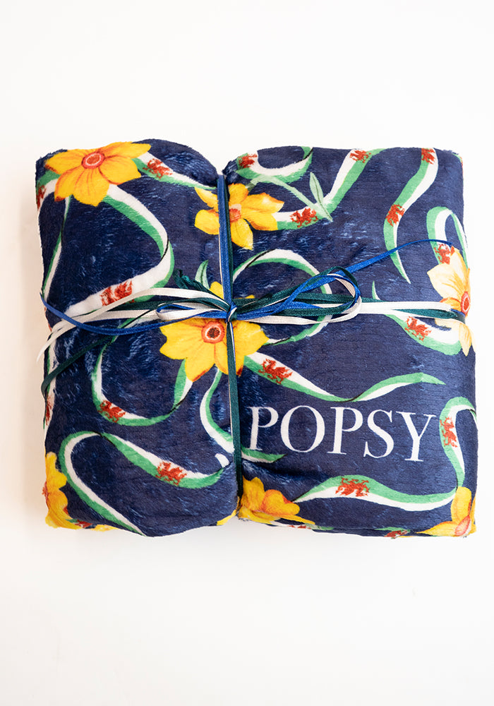 Front view of Wales Navy Print Plush Throw Blanket (Pop-Under)