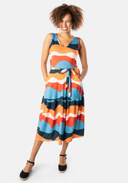 Waverly Wave Stripe Print Tiered Hem Midi Dress