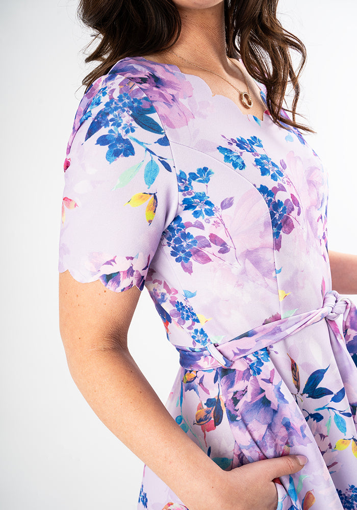 Westley Lilac Floral Print Scallop Vintage Swing Dress
