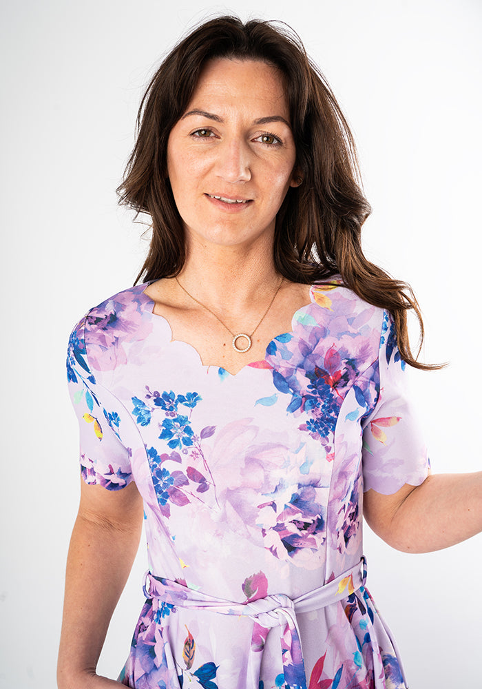 Westley Lilac Floral Print Scallop Vintage Swing Dress