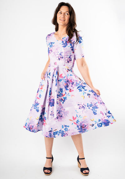 Westley Lilac Floral Print Scallop Vintage Swing Dress