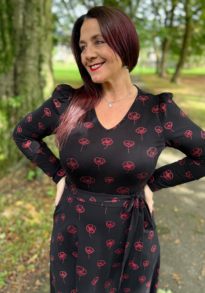 Whitlee Red Foil Poppy Cotton Midi Dress