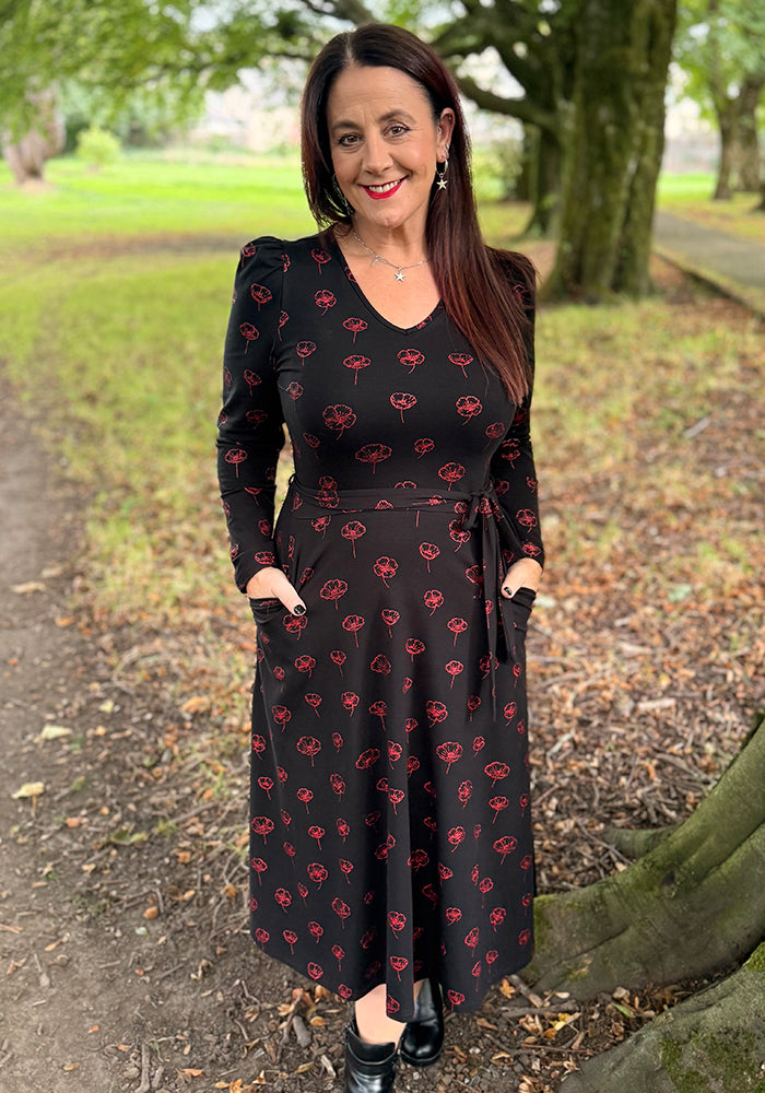 Whitlee Red Foil Poppy Cotton Midi Dress