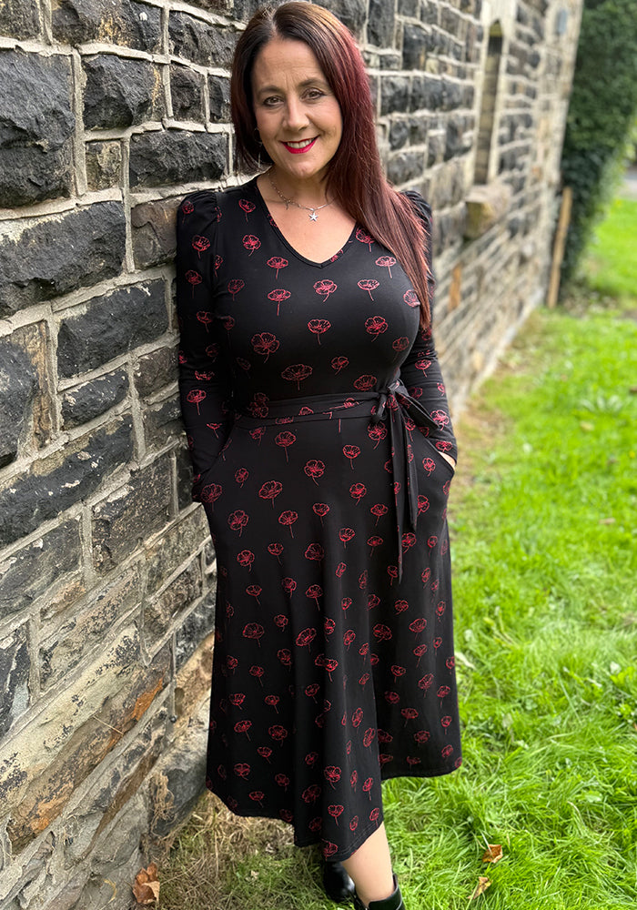 Whitlee Red Foil Poppy Cotton Midi Dress