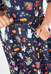 Wilhemina Cat Tea Party Print Midi Dress