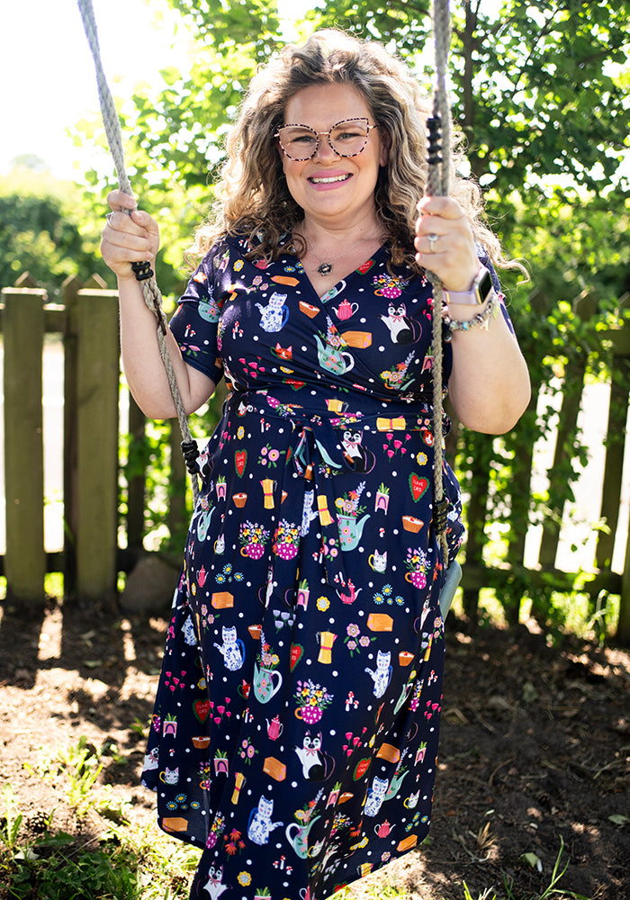 Wilhemina Cat Tea Party Print Midi Dress