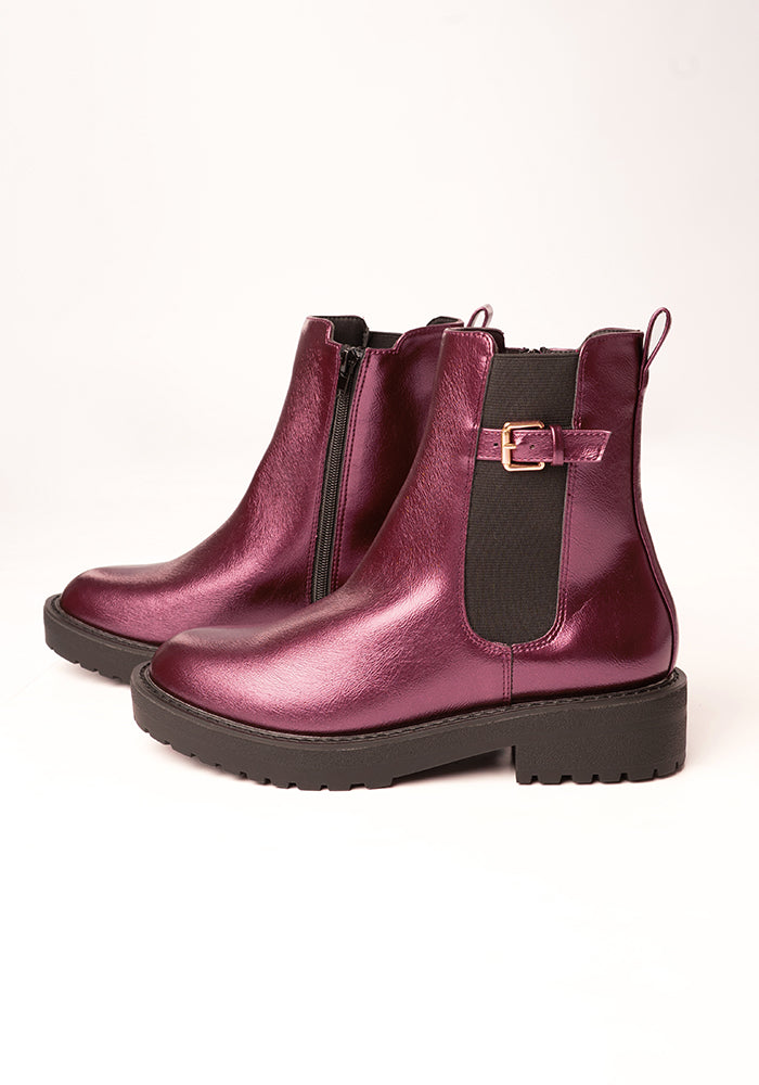 Front view of Metallic Wine Chelsea Boot