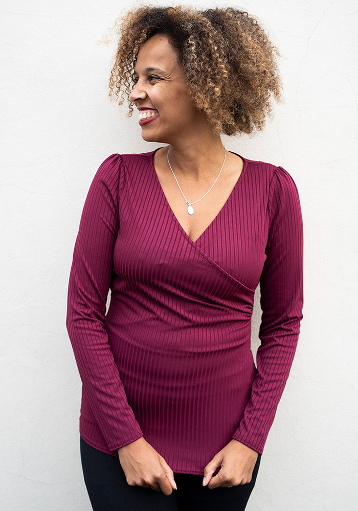 Wine Ribbed Wrap Neck Top