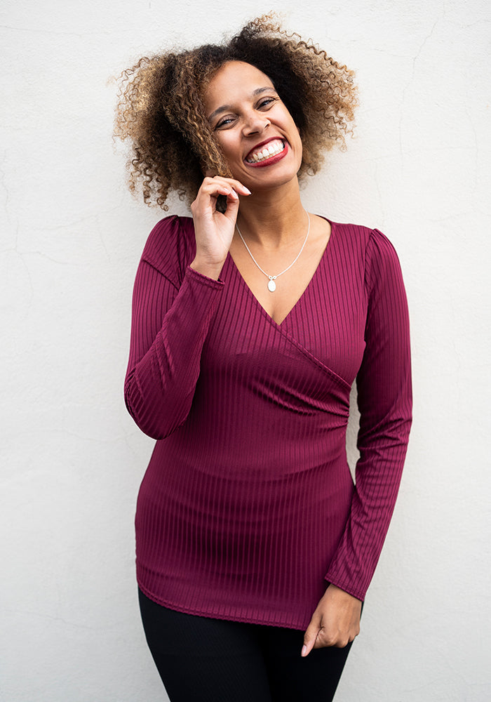 Wine Ribbed Wrap Neck Top
