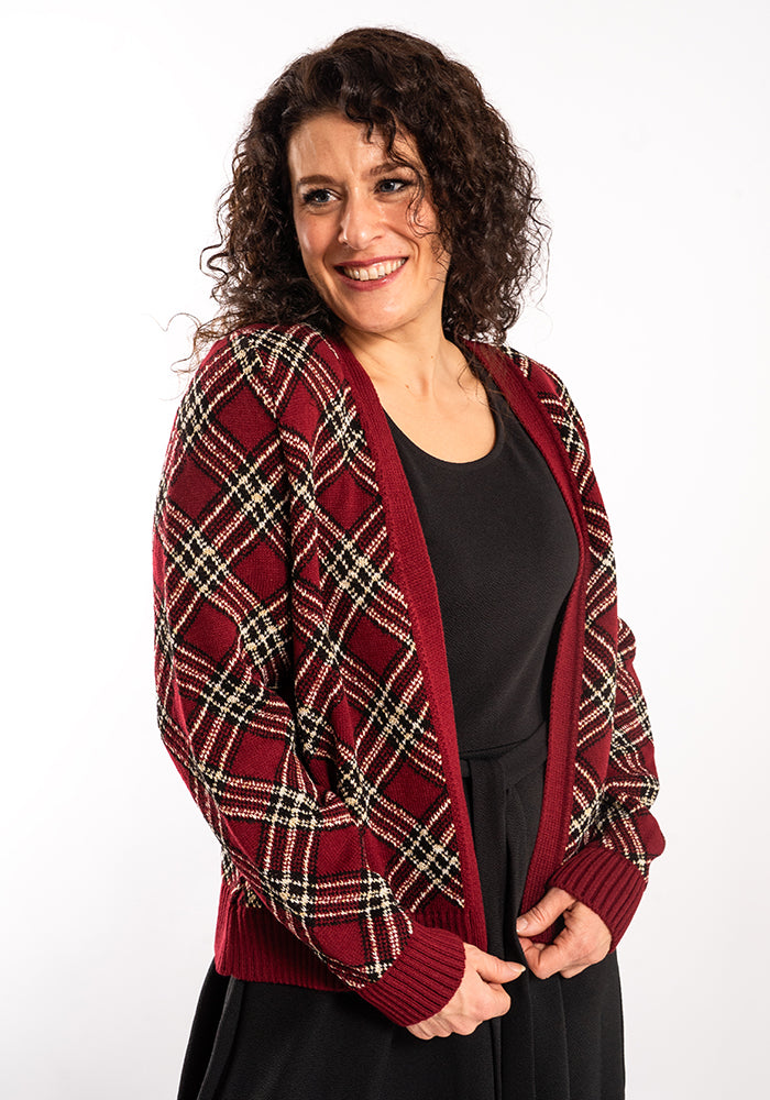 Wine & Gold Lurex Check Cardigan