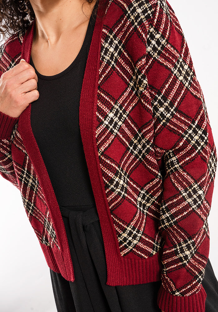 Wine & Gold Lurex Check Cardigan