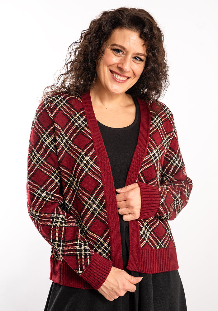 Fourth angle of Wine &amp; Gold Lurex Check Cardigan