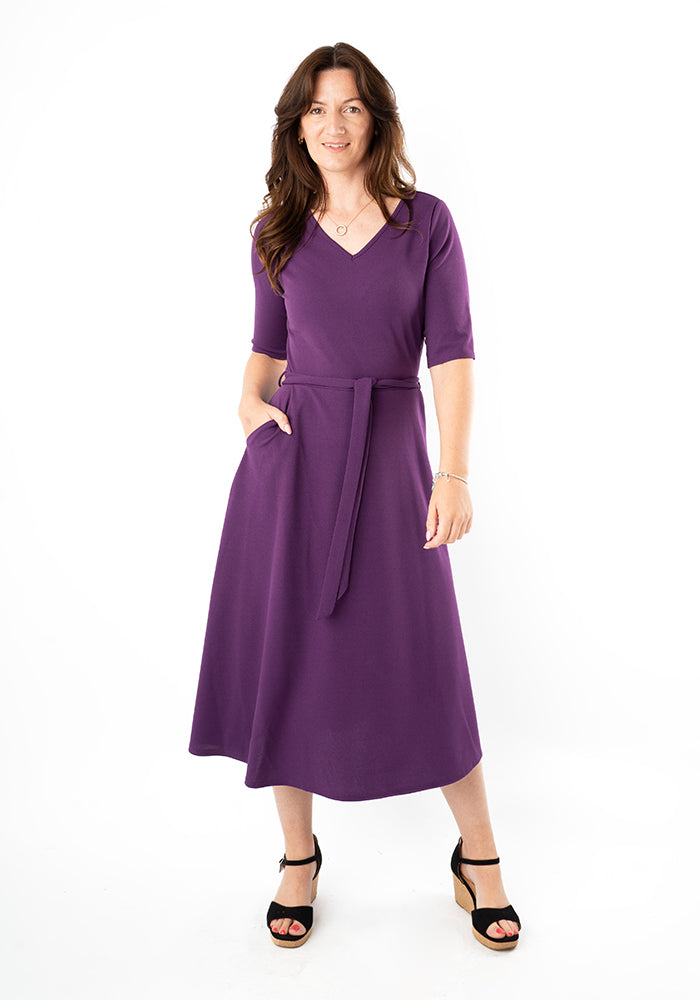 Front view of Winslet Plain Plum Midi Dress
