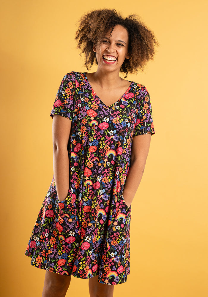 Front view of Wren Garden Rainbow Floral Print Jersey A-Line Tunic