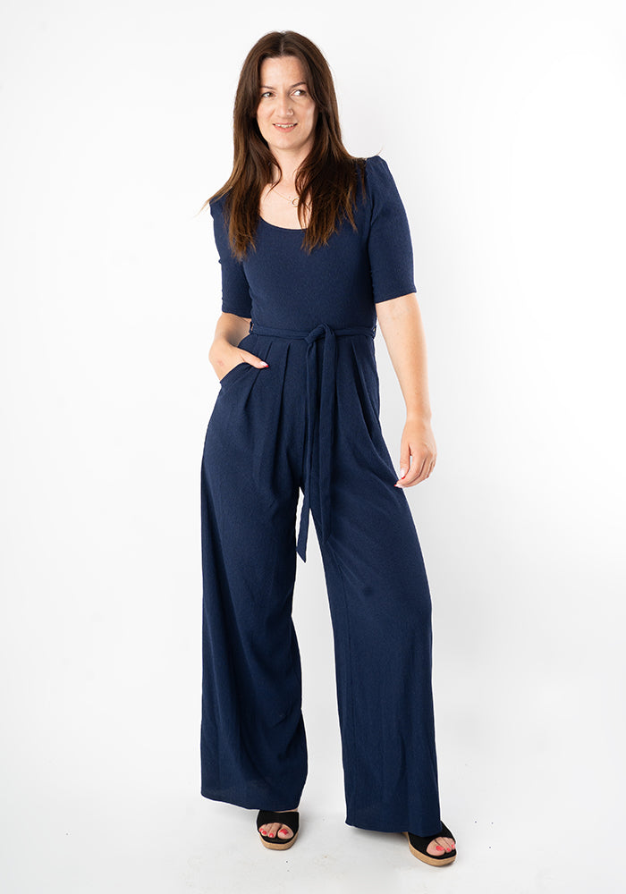 Front view of Wrenna Plain Navy Full Leg Jumpsuit