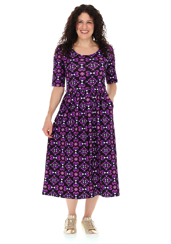 Wynn Retro Painted Hearts Print Cotton Midi Dress