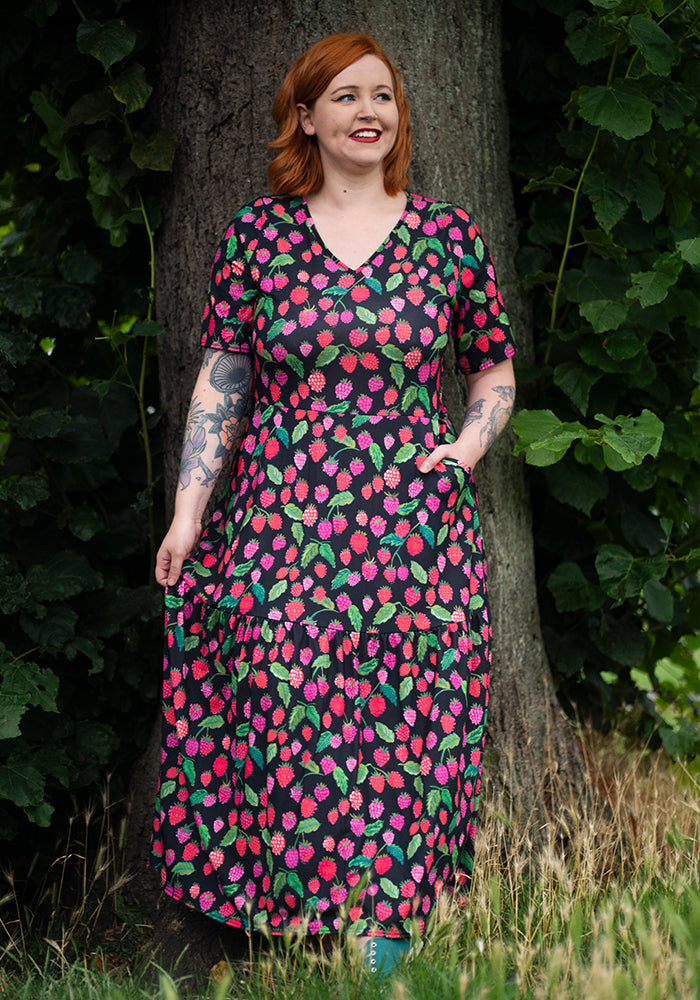 Front view of Yarden Raspberries Print Jersey Midaxi Dress