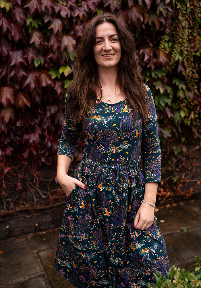 Tenth angle of Yasmine Colourful Woodland Print Cotton Dress