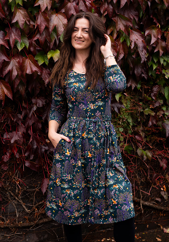 Front view of Yasmine Colourful Woodland Print Cotton Dress